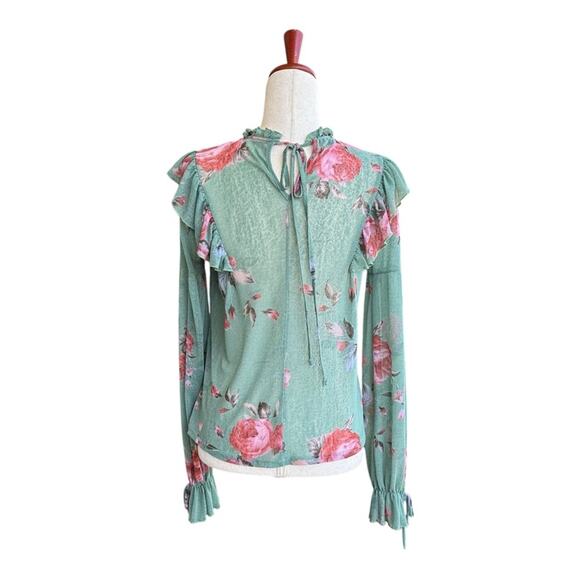 Know.One.Cares Green Top Floral Ruffle Long Sleeve Semi Sheer Shirt Couquette  S - Picture 6 of 13